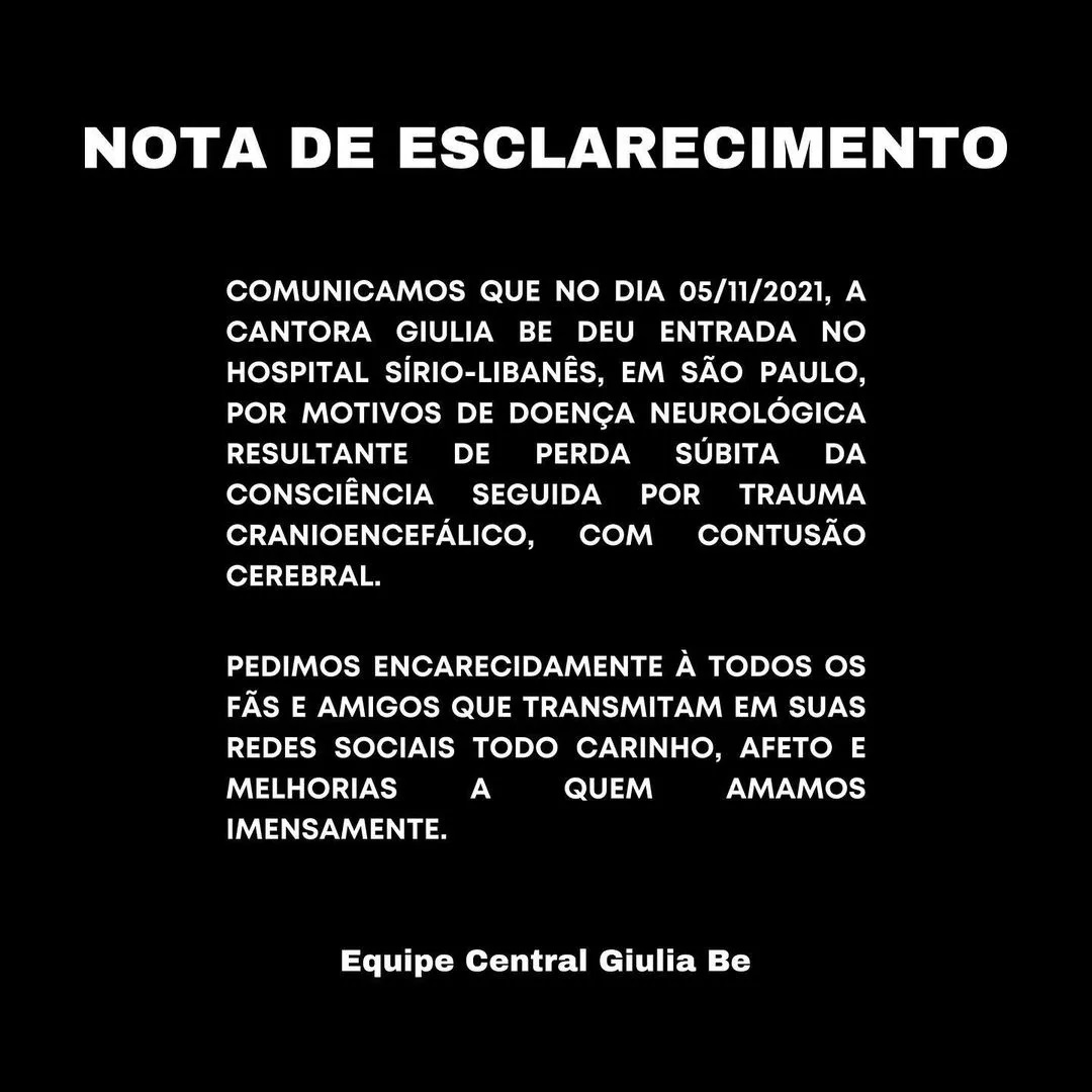 Nota de Esclarecimento da assessoria de Giulia Be (Foto: Divulgação)