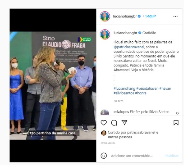 Luciano Hang compartilhou o vídeo de Patricia Abravanel relatando o ocorrido Luciano Hang compartilhou o vídeo de Patricia Abravanel relatando o ocorrido