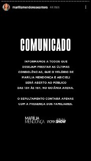 Comunicado sobre o velório de Marília Mendonça (Foto: Reprodução)