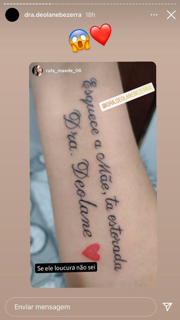 Fã homenageia Deolane Bezerra em tatuagem e erra detalhe - Foto: Reprodução Fã homenageia Deolane Bezerra em tatuagem e erra detalhe - Foto: Reprodução