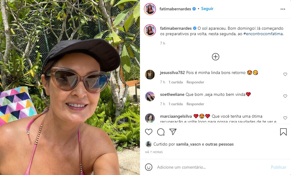 Fátima Bernardes curte dia de sol e se aquece para volta ao Encontro, na Globo - Foto: Reprodução