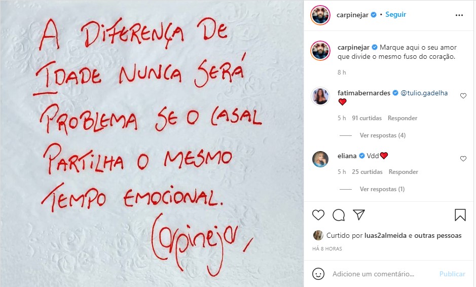 Fátima Bernardes compartilha texto sobre casais com diferença de idade - Foto: Reprodução