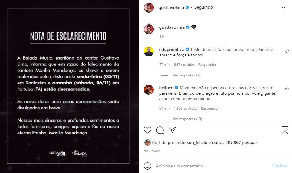 Gusttavo Lima cancelou show, após morte de Marília Mendonça (Foto: Reprodução/ Instagram) Gusttavo Lima cancelou show, após morte de Marília Mendonça (Foto: Reprodução/ Instagram)