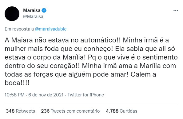 Maraisa saiu em defesa de sua irmã (Foto: Reprodução) Maraisa saiu em defesa de sua irmã (Foto: Reprodução)