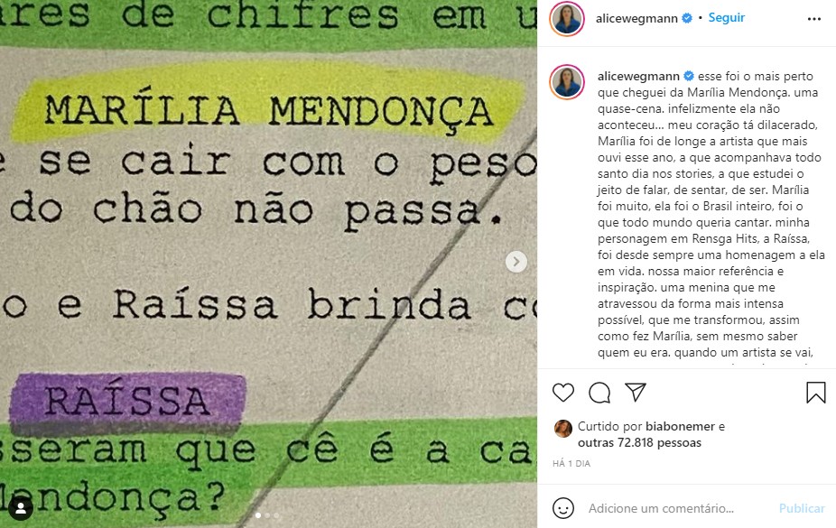 Alice Wegmann mostrou cena que ia contracenar com Marília Mendonça (Foto: Reprodução/ Instagram)