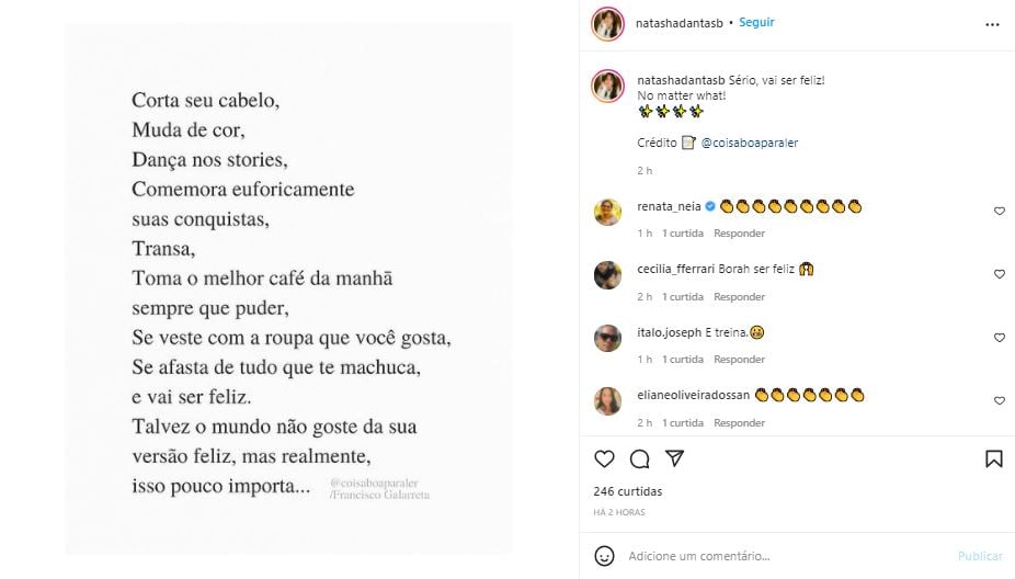 Natasha Dantas, esposa de Bonner, compartilhou post alto astral nas redes sociais (Foto: Reprodução/Instagram)