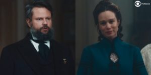 Pedro é surpreendido por Luísa na novela Nos Tempos do Imperador (Foto: Montagem/Thais Teles/Reprodução/Globo)