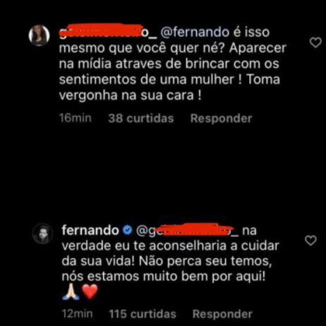 Fernando deu reposta atravessada a seguidora (Foto: Reprodução)
