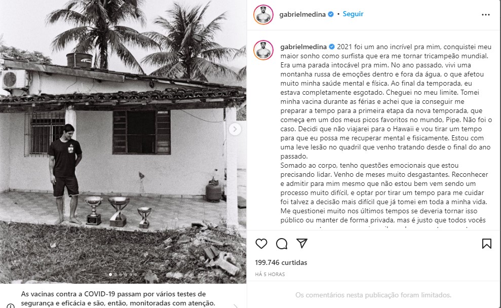 Gabriel Medina anuncia afastamento surfe - Foto: Reprodução