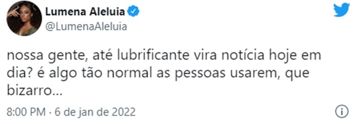 Lumena dá sua opinião sobre o lubrificante de Carla Diaz (Reprodução/ Twitter)