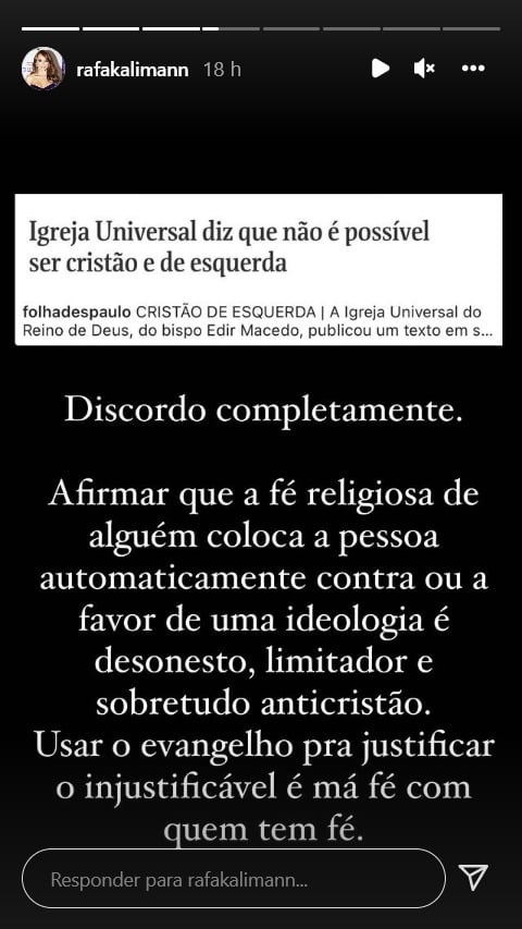 Rafa Kalimann detona Igreja Universal - Foto: Reprodução