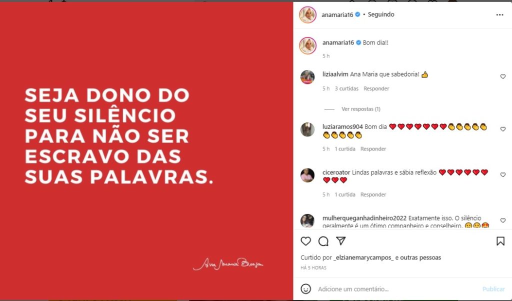 Ana Maria Braga deixou uma frase reflexiva nas redes sociais Ana Maria Braga deixou uma frase reflexiva nas redes sociais
