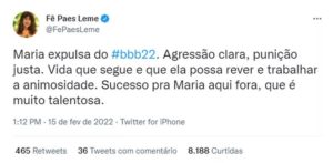Fã do BBB22, Fernanda Paes Leme também se pronunciou (Foto: Reprodução / Twitter)