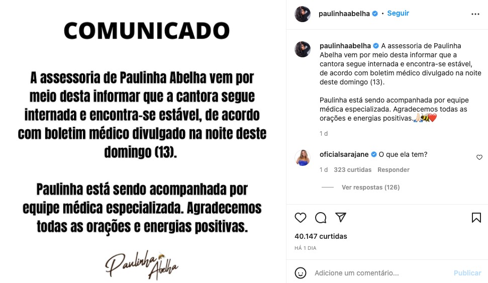 Assessoria de Paulinha Abelha se pronuncia - Reprodução Assessoria de Paulinha Abelha se pronuncia - Reprodução