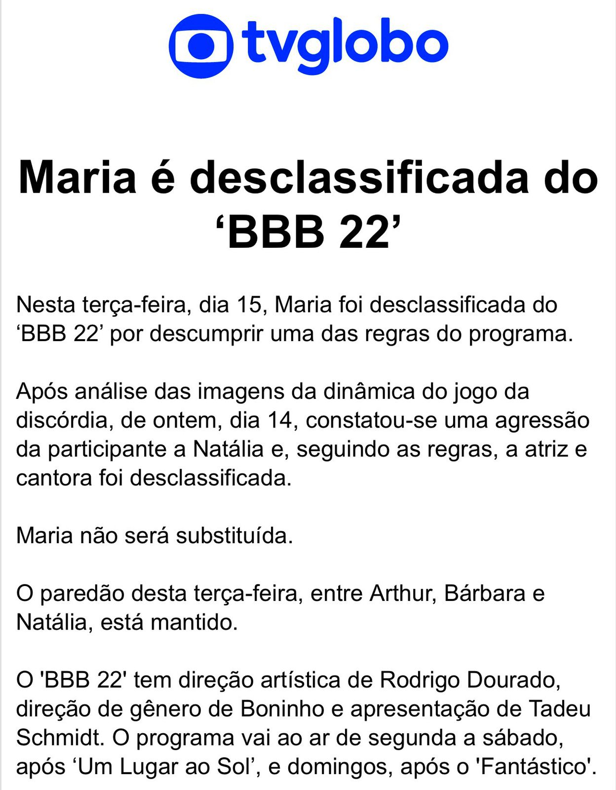 Nota oficial da Globo sobre a expulsão de Maria (Foto: Reprodução)