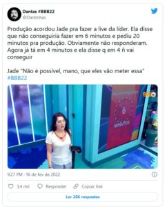 Internautas reagiram ao atraso de Jade para a live da líder (Foto: Reprodução / Twitter) Internautas reagiram ao atraso de Jade para a live da líder (Foto: Reprodução / Twitter)