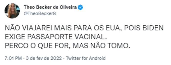 Theo Becker é contra o imunizante (Reprodução/ Twitter)