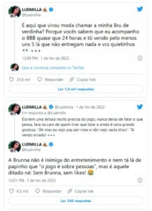 Os tuítes da funkeira sobre Brunna do BBB22 (Foto: Reprodução / Twitter)