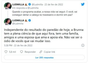 Ludmilla, desabafou sobre ataques que está recebendo por se posicionar a favor de Brunna Gonçalves no BBB22 (Foto: Reprodução / Twitter) Ludmilla, desabafou sobre ataques que está recebendo por se posicionar a favor de Brunna Gonçalves no BBB22 (Foto: Reprodução / Twitter)