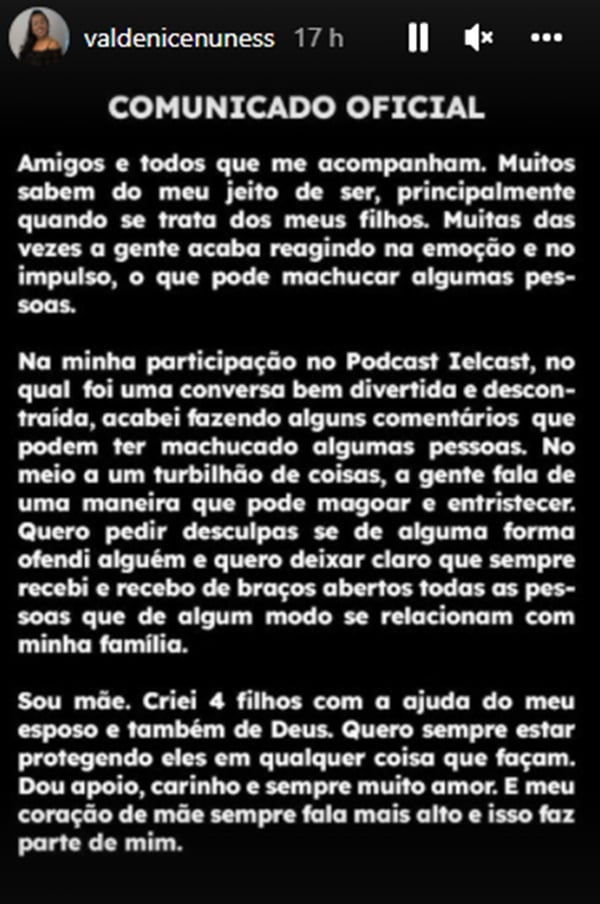 Valdenice Nunes solta nota nos Stories (Reprodução/ Instagram)