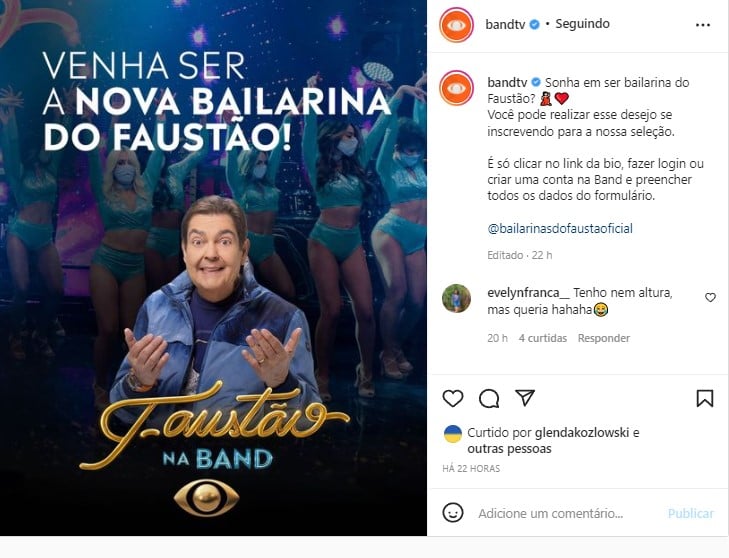 Faustão na Band está procurando novas bailarinas para a atração