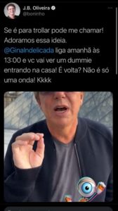 Boninho aprovou a sugestão de um Dummy entrando na casa do BBB22 como se fosse Jade (Foto: Reprodução / Instagram) Boninho aprovou a sugestão de um Dummy entrando na casa do BBB22 como se fosse Jade (Foto: Reprodução / Instagram)