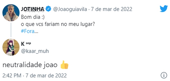 João Guilherme pede sugestão e acata posicionamento de seguidor