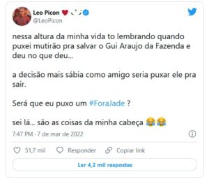 Leo Picon relembrou polêmica de jade com o ex-Fazenda (Foto: Reprodução / Twitter) Leo Picon relembrou polêmica de jade com o ex-Fazenda (Foto: Reprodução / Twitter)