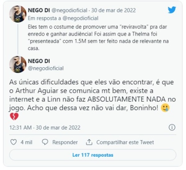 BBB22: Nego Di fala sobre o VT de Arthur Aguiar (Foto: Reprodução/Twitter) BBB22: Nego Di fala sobre o VT de Arthur Aguiar (Foto: Reprodução/Twitter)