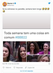 Neymar Jr brincou com a fama de "Pé-frio" de Eslovênia no BBB22 (Foto: Reprodução / Twitter)