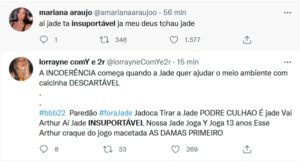 Internautas elogiaram Arthur e criticaram Jade no BBB22 (Foto: Reprodução / Twitter) Internautas elogiaram Arthur e criticaram Jade no BBB22 (Foto: Reprodução / Twitter)
