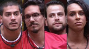 Arthur Aguiar, Eliezer Netto, Gustavo Marsengo e Linn estão no paredão falso do BBB22 (Foto: Reprodução / Globoplay)