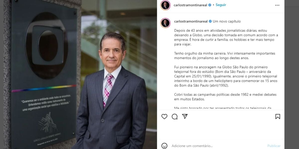 "Anos de parceria", Carlos Tramontina, em meio à saída da Globo, tem relação discreta exposta: "Meu amor"