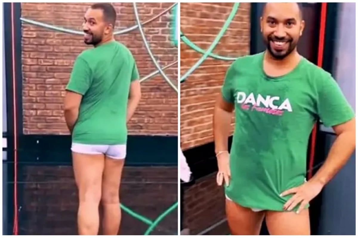 Gil do Vigor fica só de cueca e caiseta nos ensaios da Dança dos Famosos 