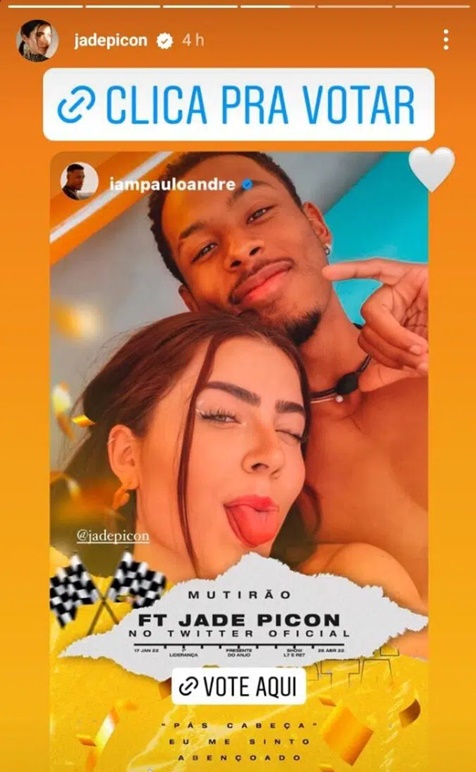 Jade Picon recompartilha publicação marcada por perfil de PA e pede mutirão de votação