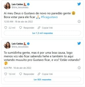 Laís está na torcida por Gustavo para que o ex-casa de vidro não seja eliminado do BBB22 (Foto: Reprodução / Twitter) Laís está na torcida por Gustavo para que o ex-casa de vidro não seja eliminado do BBB22 (Foto: Reprodução / Twitter)