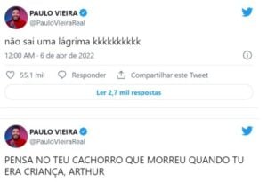 Paulo Vieira criticou Arthur Aguiar no BBB22 (Foto: Reprodução / Twitter) Paulo Vieira criticou Arthur Aguiar no BBB22 (Foto: Reprodução / Twitter)