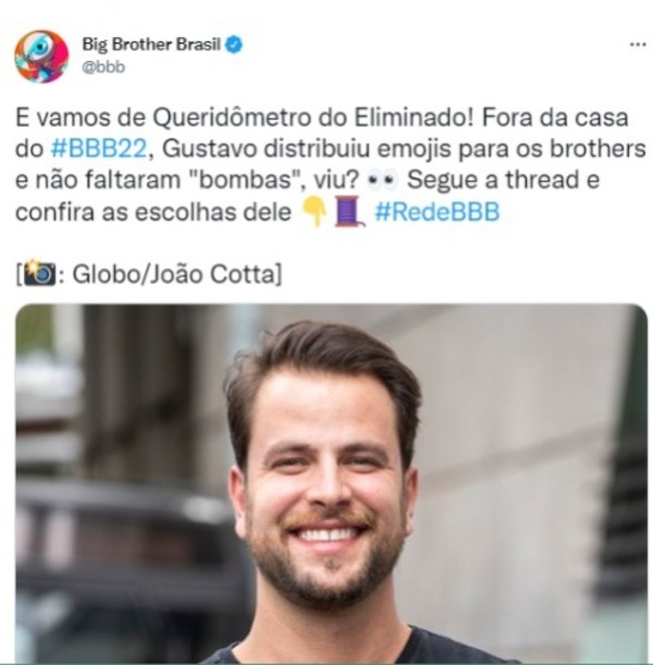 BBB22: Gustavo participou do Queridômetro do Eliminado (Foto: Reprodução/Twitter)