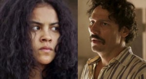 Tibério (Guito) e Muda (Bella Campos) em Pantanal; peão será visto como figura paterna por ela (Foto: Reprodução / Globo)