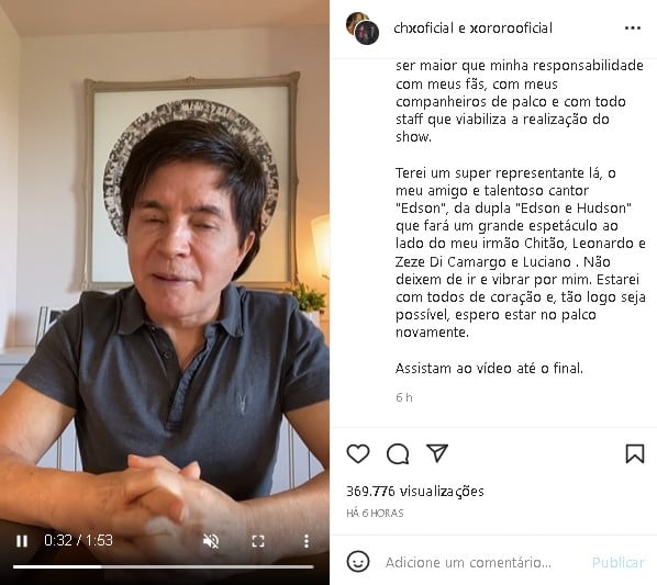 Xororó surgiu triste, após diagnóstico de doença (Foto: Reprodução)