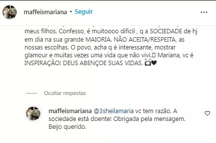 Mariana Maffeis respondeu comentário sobre a aceitação dos seus costumes