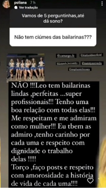 De acordo com Poliana Rocha, bailarinas de Leonardo são incríveis (Reprodução) 