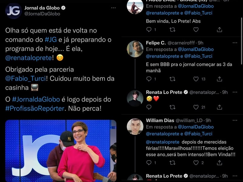 Renata Lo Prete endossou um comentário que falava sobre os atrasos no JG