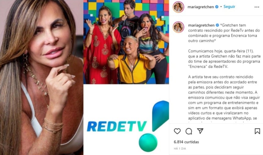 Post nas redes sociais de Gretchen anunciando a demissão da RedeTV! (Foto: Reprodução/ Instagram)