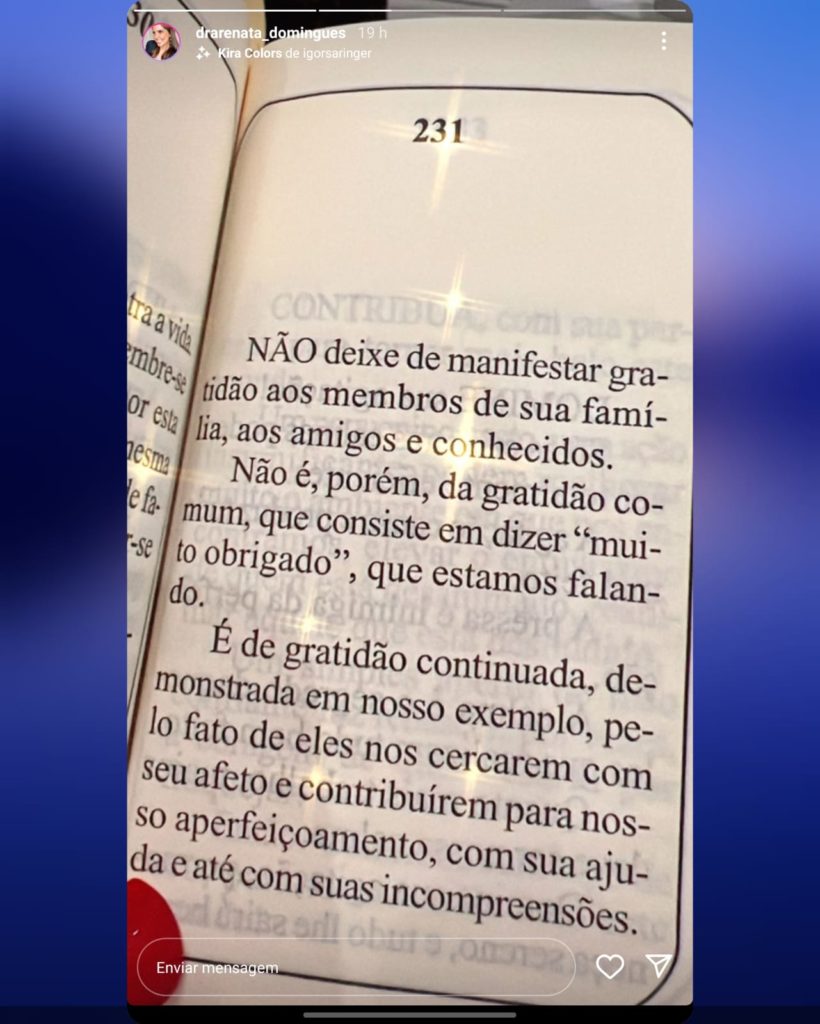 Renata Domingues publicou um texto sobre gratidão nas redes sociais- Foto: Reprodução Renata Domingues publicou um texto sobre gratidão nas redes sociais- Foto: Reprodução