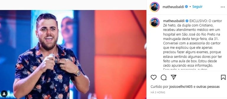 Publicação do jornalista Matheus Baldi sobre Zé Neto (Foto: Reprodução/Instagram)