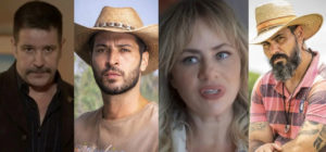 Tenório (Murilo Benício), Levi (Leandro Lima), Madeleine (Karine Teles) e Alcides (Juliano Cazarré), personagens de 'Pantanal', novela das nove da Globo (Foto: Reprodução / Globo)