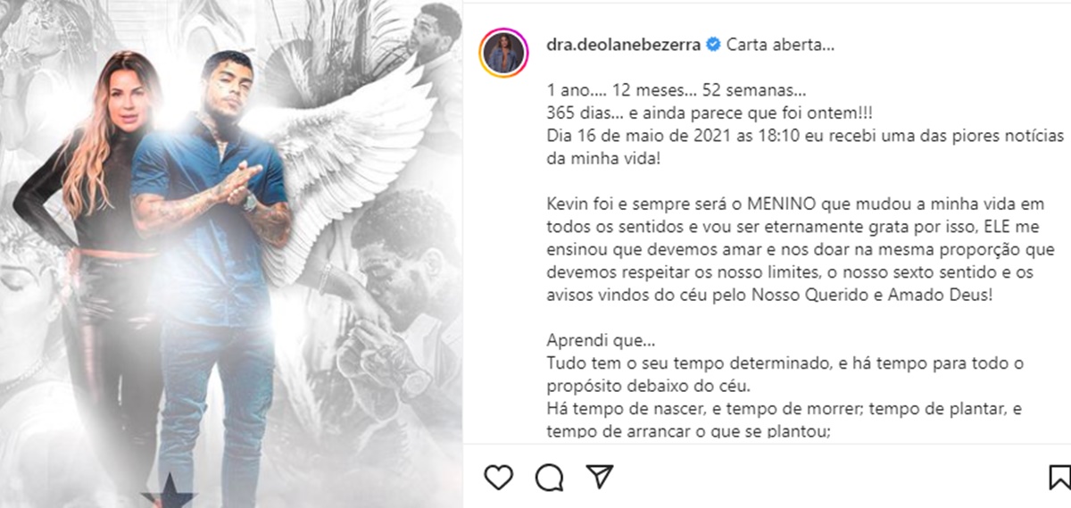 Carta de Deolane Bezerra sobre um ano da morte de MC Kevin