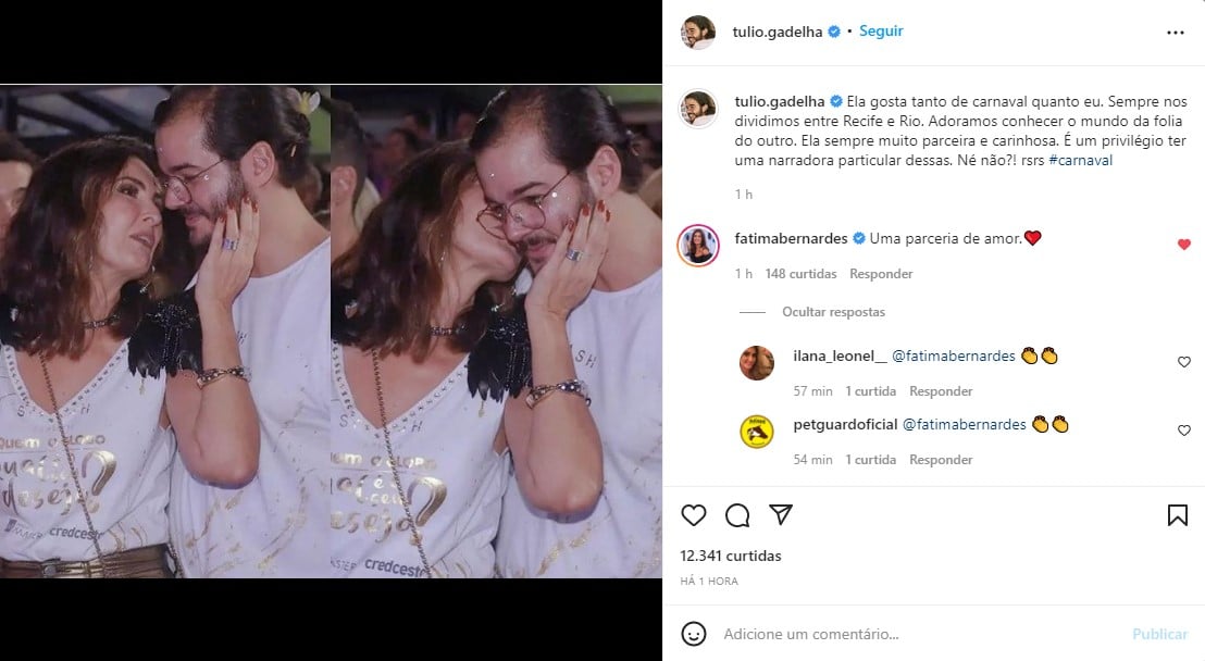 Fátima Bernardes e Túlio Gadêlha curtindo o Carnaval - Foto: Reprodução