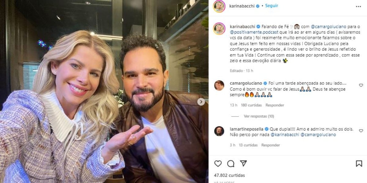 Karina Bacchi e Luciano Camargo gravaram podcast juntos (Foto: Reprodução/Instagram)